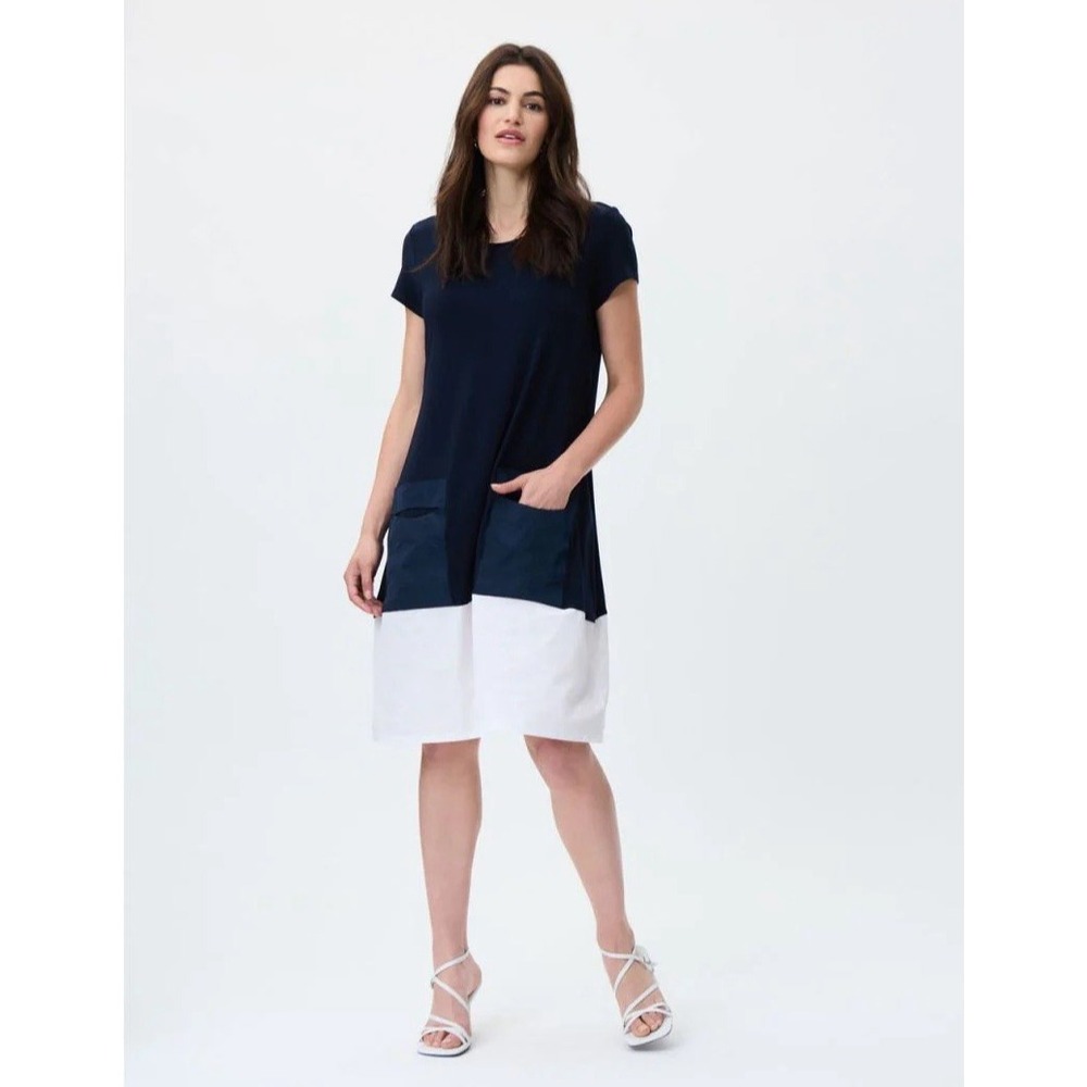 Joseph Ribkoff Color Block Knee Short Sleeve Dress 12 Navy Coastal Nautical Twee
